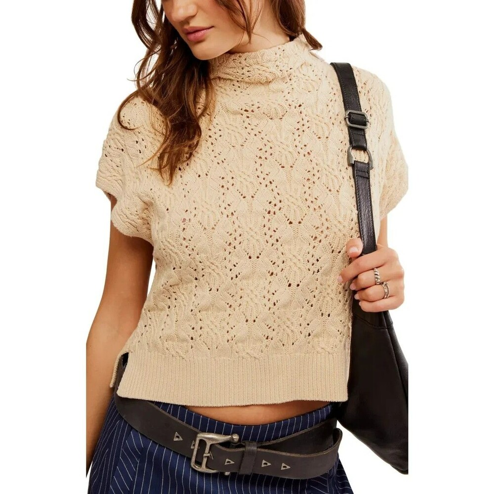 Free People Tan Cable Knit Sweater Vest Mock Neck Boho Cottagecore Top